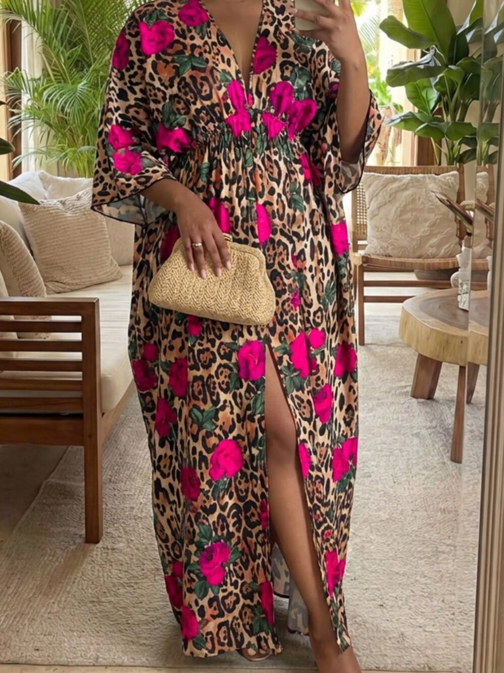 Multicolor Boho Women's Polka Deep V-Neck Slit Kaftan Dress